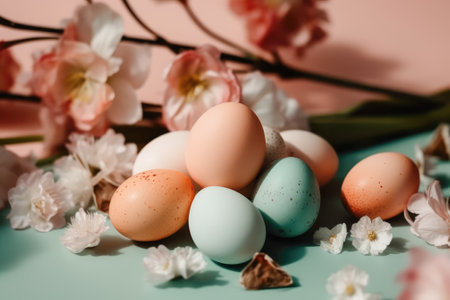 Easter compositions with pastel colorful eggs and spring flowers on pastel color background, Easter postcardの素材
