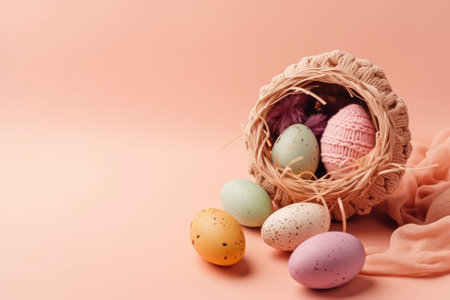 Easter composition with pastel colorful eggs in nest on pink background, space for text. Easter postcardの素材