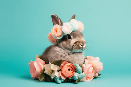 Easter greeting card with cute fluffy Easter bunny with flowers on blue background. space for text.の素材