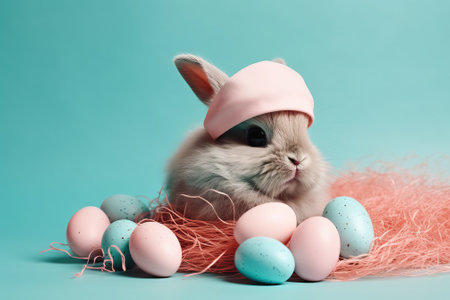 Easter greeting card with cute fluffy Easter bunny near colorful Easter eggs. space for text.の素材