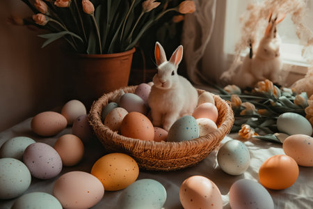 Easter greeting card with cute fluffy Easter bunny near colorful Easter eggs. space for text.の素材