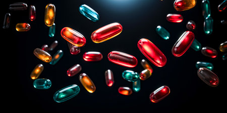 Lot of colorful capsules or pills falling against dark background. Pharmaceutical industry future.の素材