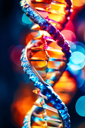DNA. Study of gene structure of cell. Bright neon light. DNA molecule structure. Genetic engineering of the futureの素材