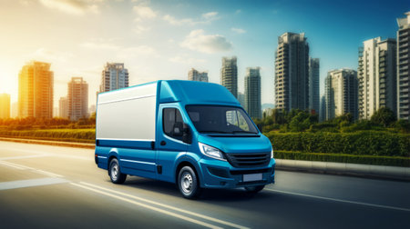 blue delivery van on highway. Very fast driving. Transport and logistic concept.の素材