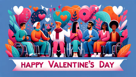 Valentine's Day banner emphasizing inclusivity, particularly focusing on people with disabilities.の素材