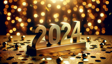 2024 in sparkling gold numbers celebrating the New Year or Christmas.の素材