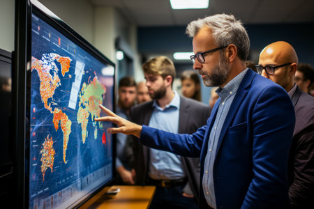 Businessman making presentation to colleagues in front of graphs information on screen.の素材
