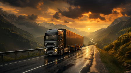Large transport truck transporting commercial cargo running on way highway road with scenic mountainous scenery in background.の素材