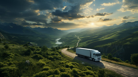 Large transport truck transporting commercial cargo running on way highway road with scenic mountainous scenery in background.の素材