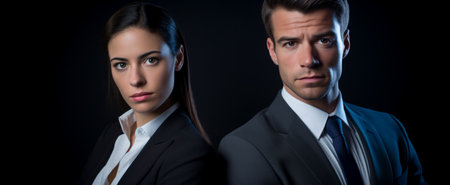 portrait of business people posing together on dark background. businessman and businesswoman.の素材