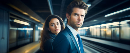 Portrait of a confident businessman and business woman in train station.の素材