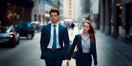 Business partners in an urban setting on their way to office. Businessman and businesswoman outside.の素材
