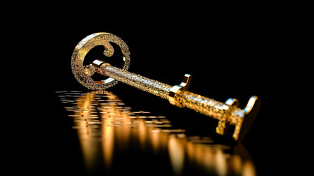 musical key with golden waves like musical equalizer or fairy key on black background.の素材