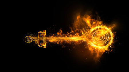 musical key with golden waves like musical equalizer or fairy key on black background.の素材