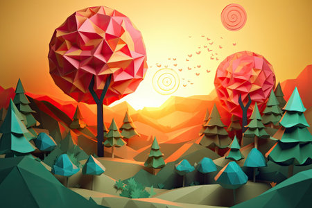 paper landscape. Cute paper cut-out landscape background. eco concept. paper craft or origami style for children's room, nursery, children's design.の素材