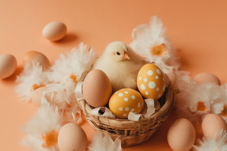 Easter greeting card with pastel colored Easter eggs and cute chick.の素材