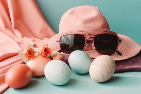 Easter eggs in pastel colors with hat and sunglasses on colorful background. Easter greeting card.の素材