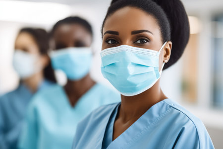 mixed race team of medical professionals doctors, nurses in hospital wearing face masks. internship medicine conceptの素材