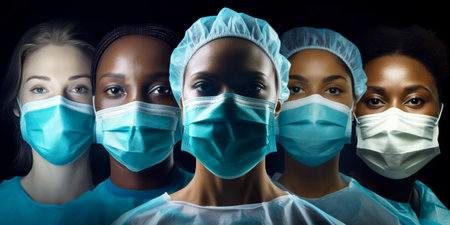 mixed race team of medical professionals doctors, nurses in hospital wearing face masks. internship medicine conceptの素材
