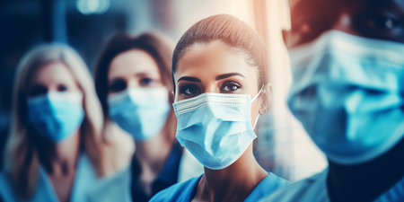 mixed race team of medical professionals doctors, nurses in hospital wearing face masks. internship medicine conceptの素材