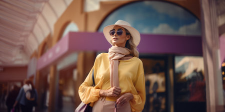 Stylish young woman in light yellow outfit with shopping bag outdoors. spring summer shopping concept.の素材