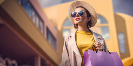 Stylish young woman in light yellow outfit with shopping bag outdoors. spring summer shopping concept.の素材