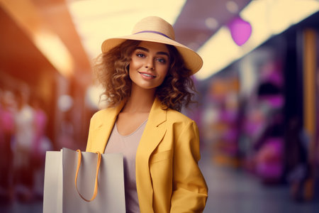 Stylish young woman in light yellow outfit with shopping bag outdoors. spring summer shopping concept.の素材