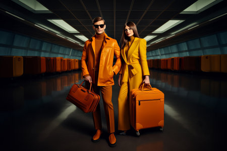 Beautiful couple in stylish yellow outfit with luggage in airport or train station. Luxury lifestyle,の素材