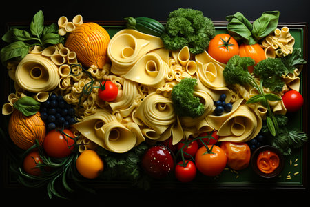 composition of macaroni of unusual shape with vegetables. cookbook cover.の素材