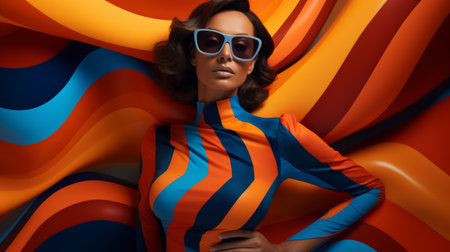 fashion cover portrait of brunet model in colorful striped outfit in fashion sunglasses on striped backgroundの素材