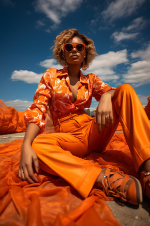 fashion cover of attractive African American black woman in trendy sunglasses and orange outfit.の素材