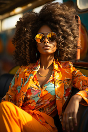 fashion cover of attractive African American black woman in trendy sunglasses and orange outfit.の素材