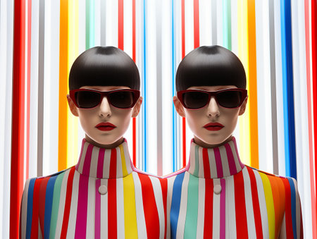 fashion cover, twins brunette model in colorful striped outfit in sunglasses on striped background,の素材
