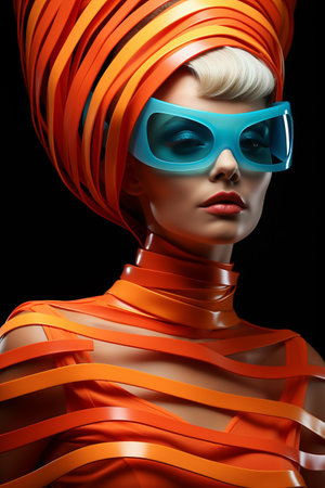 fashion cover portrait of model in colorful striped outfit in fashion sunglasses on black backgroundの素材