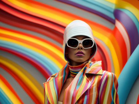 fashion portrait of model in colorful striped outfit in fashion sunglasses and hat on striped background.の素材