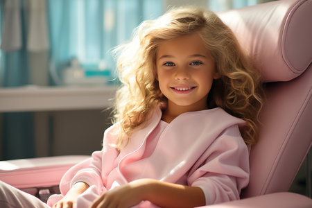 Stylish little girl in a beauty salon for children where she made a beautiful hairstyle. Beauty and kid fashion with healthy hair.の素材