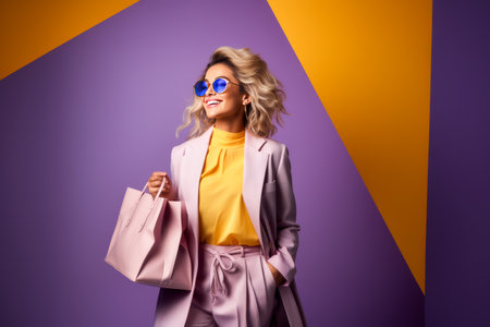 Portrait of young woman with shopping handbag on yellow and violet background. Space for text.の素材