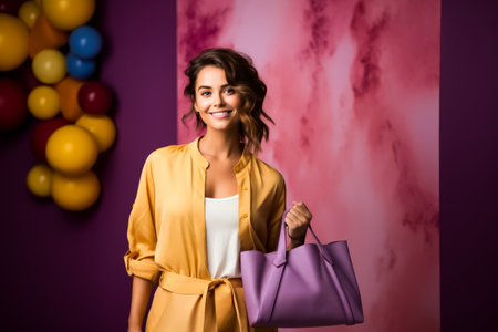 Portrait of young woman with shopping handbag on yellow and violet background. Space for text.の素材