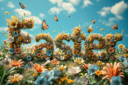 The word Easter made from blooming spring flowers, surrounded by fluttering butterflies and bees. The background features a clear blue sky with small fluffy clouds. Easter cardの素材
