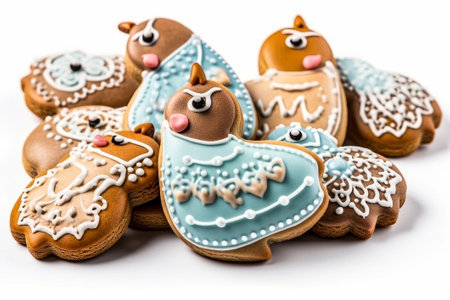 Beautiful Easter gingerbread with icing in shape of chick on a white background, Easter cookies.の素材