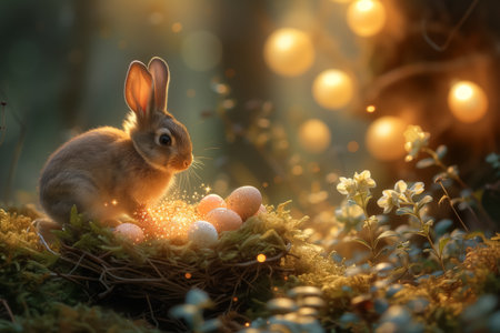 Easter bunny with nest of Easter eggs in the magic forest background. Easter card.の素材