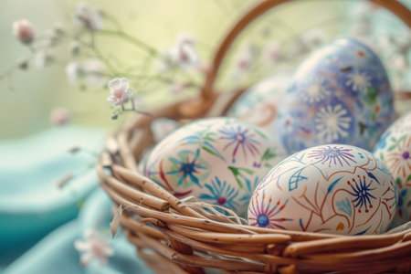 folk hand painted Easter eggs in wicker basket close-up. Easter card.の素材