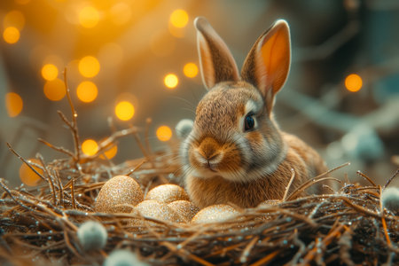 Easter bunny with nest of Easter eggs in the magic forest background. Easter card.の素材