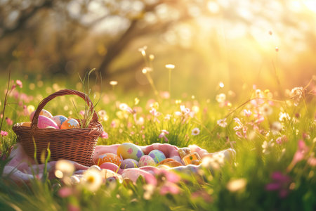 Wicker basket with Easter eggs in green grass against flower meadow. Space for text. Easter card.の素材
