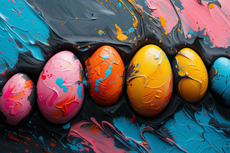 top view of colored Easter eggs on bright paint background. Creative concept. Easter card. flat lay.の素材
