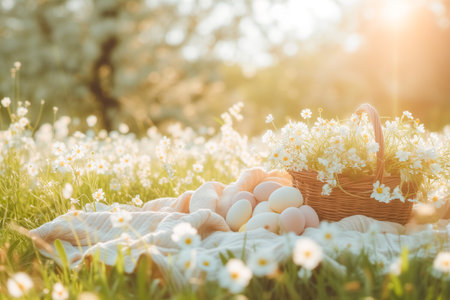 Wicker basket with meadow flowers in green grass and Easter eggs. Space for text. Easter card.