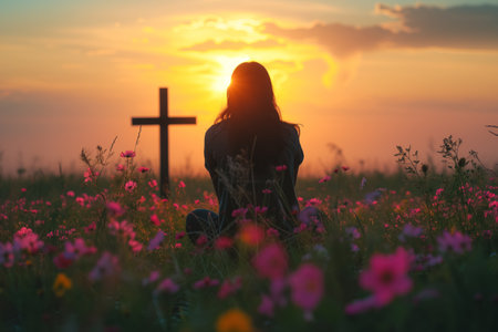 back view of woman sitting on the flowers meadow and looking on cross. Easter tranquil scene. memorial weekの素材