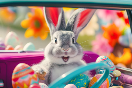 Cute bunny driving car full of Easter eggs, funny rabbit character, Happy Easter concept cartoon Illustrationの素材