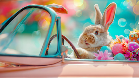 Cute bunny driving pink car full of Easter eggs, funny rabbit character, Happy Easter concept cartoon Illustrationの素材