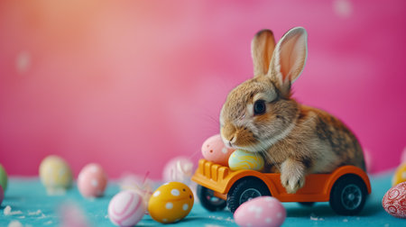 cute bunny with a toy car and Easter eggs. Easter greeting card concept, space for text.の素材